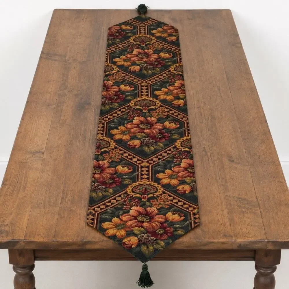 Floral Tapestry Table Runner Tassels Green Gold Burgundy 12x35
